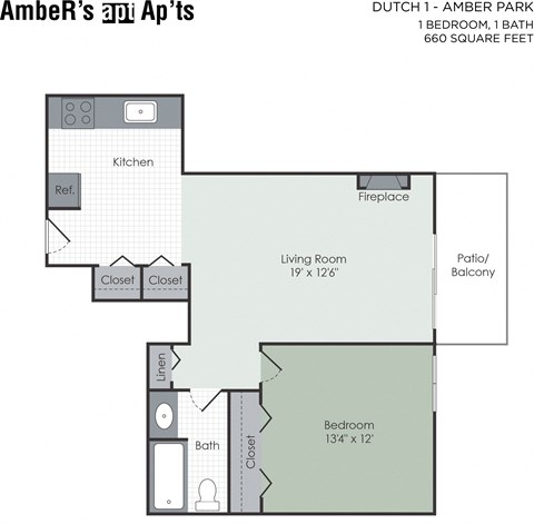 Floor plan for 1 bed, 1 bath, 664 sqft